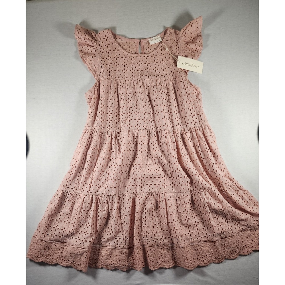 NEW Allie‎ Rose Flutter Sleeve Dress Womens L Blush Pink Eyelet Tiered Boho Mini